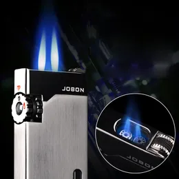 New Wheel Flint Blue Double Fire Torch Lighter Jet Windproof Metal Gas Butane Cigar Lighter Inflated Personality Men Gift