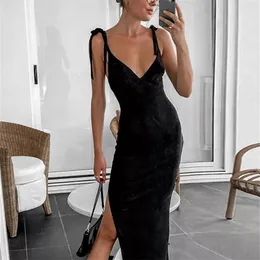 Fashion Bow Straps Sexig Sommarklänning Kvinnor Backless Midi Es Black Elegant Ärmlös Split Women's Party Robe 220426