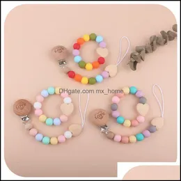 Pacifier HoldersClips Baby Feeding Baby Kids Maternity Holders Chain Clips Weaning Teething Natural Wooden Sile Dhsic