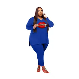 Women's Plus Size Tracksuits Women Clothing Sexy V Collar Long Sleeve Lips Pattern Zipper Side Split Fork Tops Tight Pants Sets Urban Casual