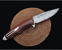 Coltello pieghevole Damascuss Flipper VG10 Damasco Drop Drop Point Blade Handwood Hand Cuscinetti EDC Coltelli con guaina in pelle