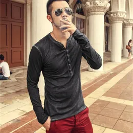 Men's T-Shirts 2022 Mens T-shirt Elastic V-neck Button Long Sleeve Men For Male Cotton Man Clothing Tshirt Tees