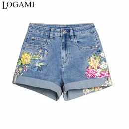 Logami Bird Flower Emboidery Denim Shorts 여성의 캐주얼 여름 진실 220427