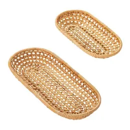 2Pcs Handmade Woven Oval Rattan Fruit Basket Bread Tray Wicker Food Tray Serving Basket Weaving Storage Holder