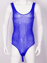 Костюмы для костюмов мужское нижнее белье Sissy Bodysuit Scoop Neckcoless Bodycon Teddies Прозрачное открытое выпуклое для купальника.