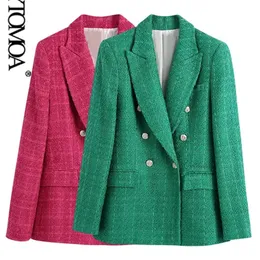 KPYTOMOA Kvinnor Fashion Double Breasted Tweed Green Blazer Coat Vintage Långärmad klafffickor Kvinnlig ytterkläder Chic Veste 220812