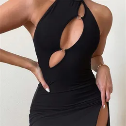 WJFZQM HALTER HOLLOW OUT BOODLED BODYCON DIST LIDES BAST GREEN HIGH HIGH SPLICE SEXIS
