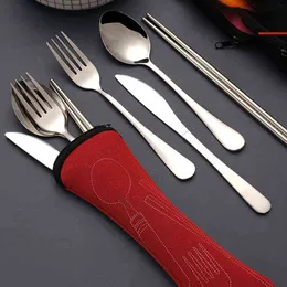 5Pcs Kitchen Cutlery Utensils Set Stainless Steel Knives Fork Spoon Family Travel Camping Tableware Portable Dinnerware Sets Y220530