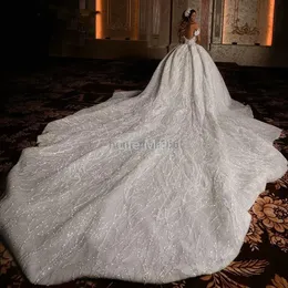 Vestidos de noiva de esfera de ombro glitter 2022 Luxuros fumantes para trás vestidos de noiva com vestidos longos de trem de novo Mariee plus size dd