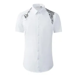 Minglu Whiteメンズシャツの高級半袖高密度刺繍のドレスメタルボタンスリムフィットカジュアル男性の男性の男性