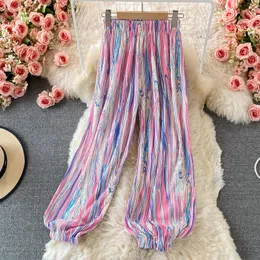 New women's elastic waist tie-dying print pleated harem long pants casual summer trousers MLXL