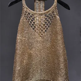 Summer sexy hollow out knitted camis women shiny bling sequined tanks tops sequins gold 220325