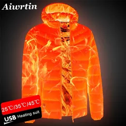 Mężczyźni podgrzewane kurtki Outdoor Płaszcz USB Bateria elektryczna Bateria długie rękawy Ogrzewanie z kapturem ciepłe zimowe ubranie termiczne 220816GX