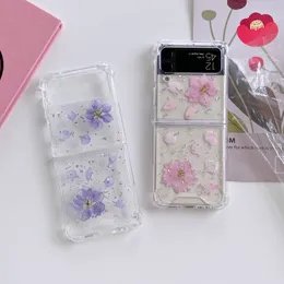 Epoxy Glitter Torked Flower Folding Phone Case f￶r Samsung Galaxy Z Flip 3 Z Flip4 5G Transparent Acrylic TPU Cover