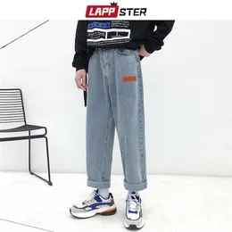 LAPPSTER Mens Korean Fashoins Harem Blue Jeans Pants Vintage Straight Harajuku Baggy Free Belt Wide Leg Denim 220328