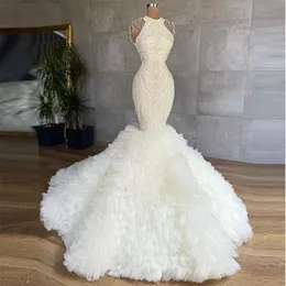 Saudyjskie Suknie ślubne Saudyjskie Suknie Ślubne Kryształy Bridal Suknia Custom Made Lace Aplikacje Cekinowe Ruffles Robes de Mariée
