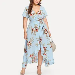 Plus Size Dresses Summer Women Clothing Print One Piece Blue Maxi Dress With Belt Vestidos Elegantes Para Mujer Robe Femme EtePlus