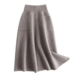 Sherhure High Waist Women Winter Wool Knitting Long Skirts Faldas Jupe Femme Saia Vintage Women Black Skirt With Pocket T200324