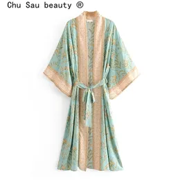 Säljer Vintage Boho Floral Print Long Kimono Cardigan Summer Tops Belted Beachwear Vestido Blusas Mujer 210401