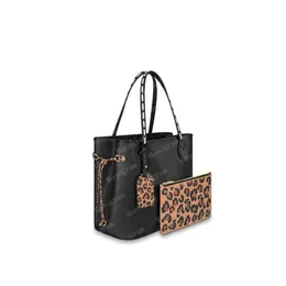 2022 Tote Handbag Women Totes Handväskor Purses Brown Flower Leopard Leather 45856 Shoppingväskor MM Storlek 32/29/17cm #LNF-01-87