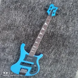 4003 four string bass electric guitar, metal blue paint, black metal hardware with decorative board, white ABS decoration