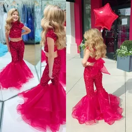 2022 Two Pieces Girl Pageant Dress Sequins Pants Organza Bell Little Kids Birthday Cap Sleeves High Neck Formal Party Gowns Infant Toddler Teens Preteen B071201