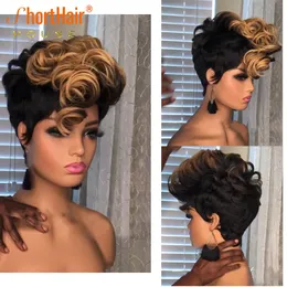 Ombre blonde Short Curly Bob Pixie Cut Wig Full Machine Made No Lace Human Hair Wigs With Bangs For Black Women