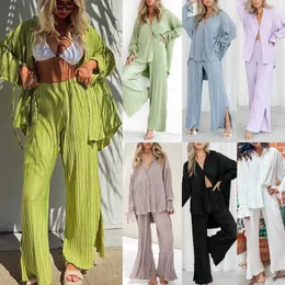 Zweiteiliges Hosen-Set für Damen, gekräuseltes Hemd, Langarm, Revers, Strickjacke, Schlitz, Pyjama, Nachtwäsche