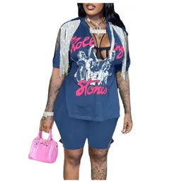 Summer Graphic Printed Tassel Plus Size Tracksuits For Womens Deep V-neck Hem Split Bandage Tops And Shorts Hip Hop Street 2 Piece Sets TB5447