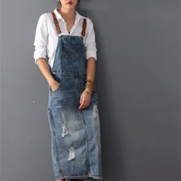 Frauen Lose Denim Kleid Damen Gebleichte Löcher Weibliche Spaghetti Strap Ripped Vintage es 220629