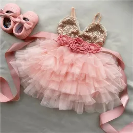 Shinny flower girls dress for kids with belt toddle party gown gold sequined layered tutu children year clothing 220426