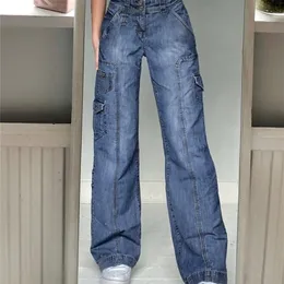 weekeep y2k jeans streetwear女性ハイウエストジーンズワイドレッグポケットパッチワークバギーカーゴパンツビンテージデニムカプリスフェアコア220701