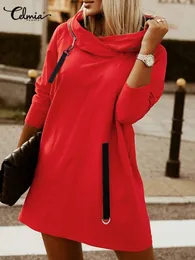 패션 솔리드 스웨트 여성용 까마귀 셀비아 겨울 캐주얼 모자 칼라 지퍼 지퍼 긴 소매 후드 드레스 외부웨어 크기 220815