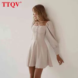 TTQV Winter Ampricot Long Sleeve Vresses الأنيقة للنساء مثير مربع طوق حفلة صغيرة فستان سيدة Bodycon فستان واحد صدر T220804
