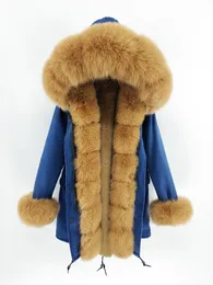 Женские меховые искусственные зимние женские пальто и куртки длинные флоты Blue Parkas Real воротница с капюшоном с толстым облицовками в европейском стиле.