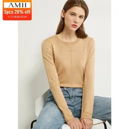 AMII minimalism Autumn Fashion Women Sweater Basic Solid Oneck Slim Fit Women Pullover Causal Female Tweater Tops LJ201113
