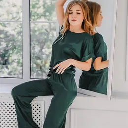 Hechan Green Brown Women Sleepwear 2 조각 세트 라운드 넥 짧은 소매 탑 단단한 느슨한 바지 새틴 홈 착용 캐주얼 정장 세트 220329