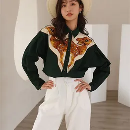 チョートアート鹿刺繍長袖のシャツビンテージボタンアップカラーダークグリーンシャツ女性デザイナートップとブラウス220514