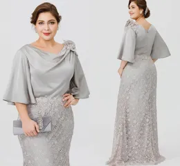 Silver Plus Size Mermaid Long Mother Of The Bride Dresses 2022 Scoop Satin Lace Half Sleeve Flowers Guest Party Gowns Robe De Soriee