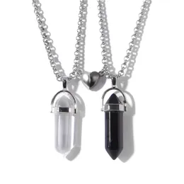 2Pcs/Set Lover Fashion Hexagonal Cylindrical Crystal Necklace Magnetic Heart Pendant Stone Necklace for Lovers Jewelry Reiki