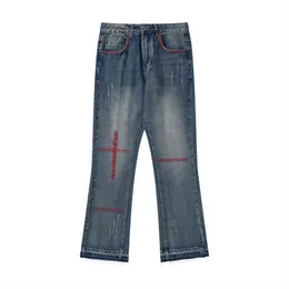 2021 Геометрическая вышиваемая вышиваемая промытые мужчины хип -хоп плиты джинсы брюки грубые края прямые повседневные джинсовые брюки Танты T220803
