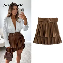 Bown Pu Leather Skirt With Belt Fashion Autumn Sprint Cascading Pleated High Waist Jupe Cuir Femme Women Falda Plisada 220317