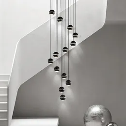 Lampa wisząca schody żyrandole villa loft apartament Wysokie salon jadalnia minimalistyczna czarna kosmiczna piłka długa żyrandol
