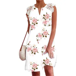 Casual Dresses Women Elegant Lace Sleeveless Beach Mini Dress Flower Pattern Breathable Sexy Lace Floral Print V Neck Female Vestidos