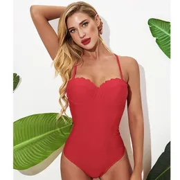 Morematch 섹시 수영복 여성 Red Plus Size Swimwear 1pc 비키니 푸피 업 모노 키니 여성 수영복 Beachwear T200708