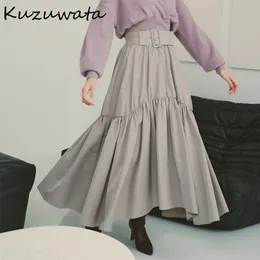 Kuzuwata Autumn Winter Women Jupes Japanese Design High Waist Sashes Pleated Mujer Faldas Swing Irregular Puffy Skirts 220401