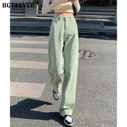 BGTEEVER Casual Spring Women Long Jeans Trousers High Waist Pockets Loose Female Wide Leg Denim Pants Ladies FloorLength Pants 220812