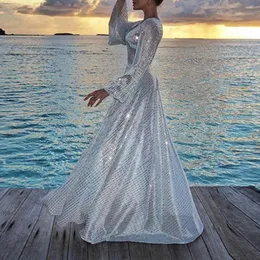 Casual Dresses 2022 Fall/Winter Fashion Silver Dress V-Neck Slim Long Kjol Stor Placera enkla sexiga bröllop Bridesmaid
