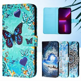 Butterfly Leather Plånbokfodral för Motorola Moto G Stylus 2022 5G 4G G Pure E20 E30 E40 Power G51 G71 G200 G22 LACE Flower Tiger Tower Animal Carter Flip Cover