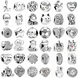 925 Sterling Silver Charms New Silver Color Lucky Cat Feather Owl Castle DIY Beads Original Fit Pandora Bracelet Jewelry Making DIY Gift
